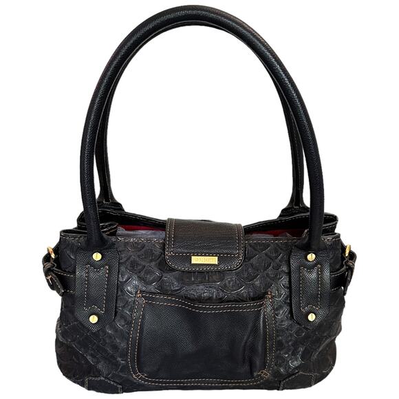 Eric Javits Croc-Embossed Leather Satchel, Black/Gold...